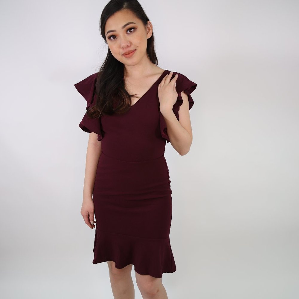 Purple Plum Ruffled Asymmetrical Dress w/ Back Zip